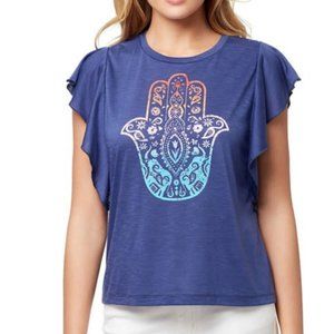 Jessica Simpson Women's Yara Elephant Hamsa Purple Flutter Sleeve T-Shirt Medium